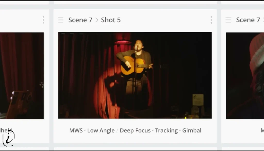 Storyboard overview screen displaying various shots with camera movement techniques like "Tracking" and "Gimbal."