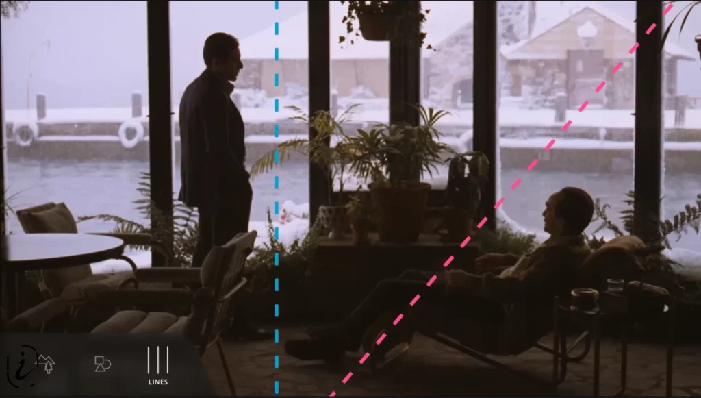 Michael Corleone in The Godfather Part II with a blue dashed vertical line overlaid, symbolizing his dominant and powerful stance.