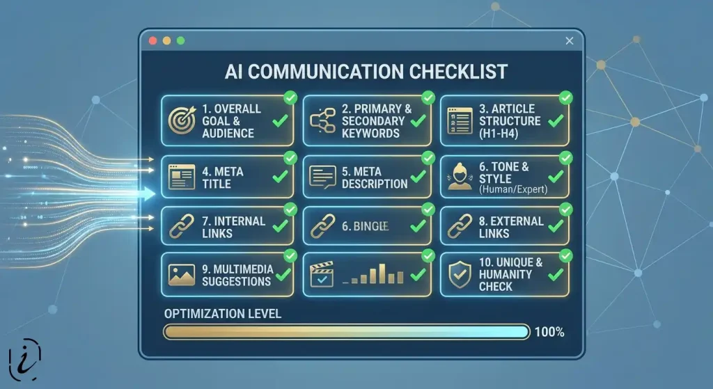 A clean, tactical digital dashboard presented in a blue and gold technical aesthetic. The central focus is a sleek terminal screen displaying a structured 'AI COMMUNICATION CHECKLIST' with 10 distinct, glowing modules arranged in a grid. Each module represents an essential element: '1. OVERALL GOAL & AUDIENCE', '2. PRIMARY & SECONDARY KEYWORDS', '3. ARTICLE STRUCTURE (H1-H4)', and so on. Each module has a bright green checkmark and stylized icons. An 'OPTIMIZATION LEVEL' progress bar at the bottom is filled to 100%.