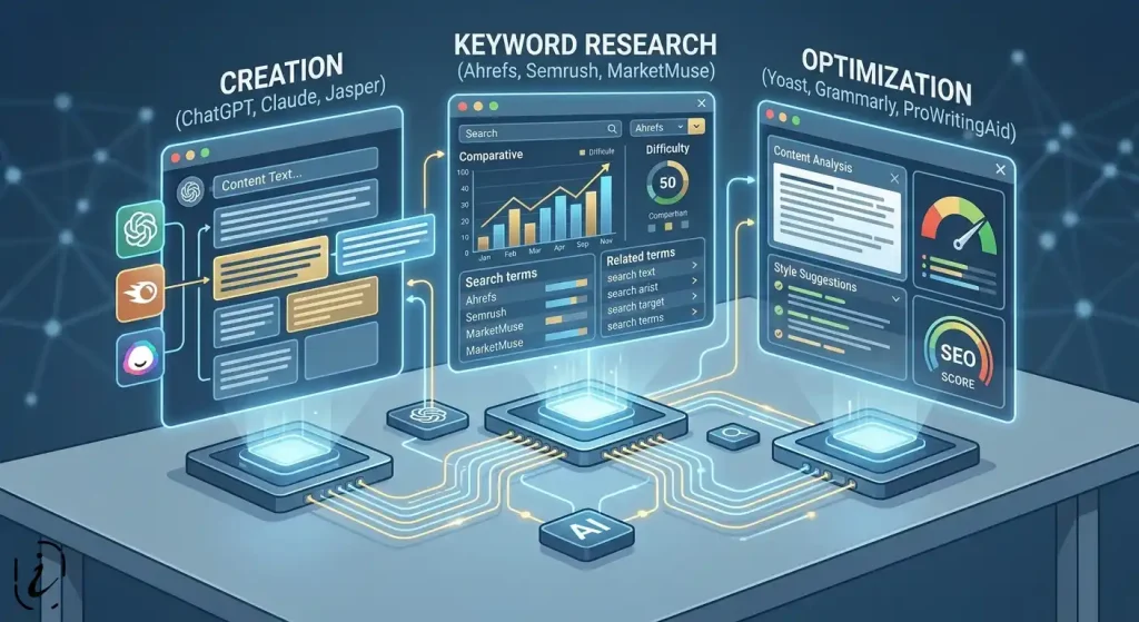 A clean, professional illustration presented as a digital workbench. On the workbench, three distinct holographic interfaces are active, representing tool categories: 'CREATION (ChatGPT, Claude, Jasper)' showing text generation; 'KEYWORD RESEARCH (Ahrefs, Semrush, MarketMuse)' displaying comparative graphs and data; and 'OPTIMIZATION (Yoast, Grammarly, ProWritingAid)' illustrating content analysis and an SEO score gauge. Luminous AI pathways connect the interfaces. The design uses blue and gold accents