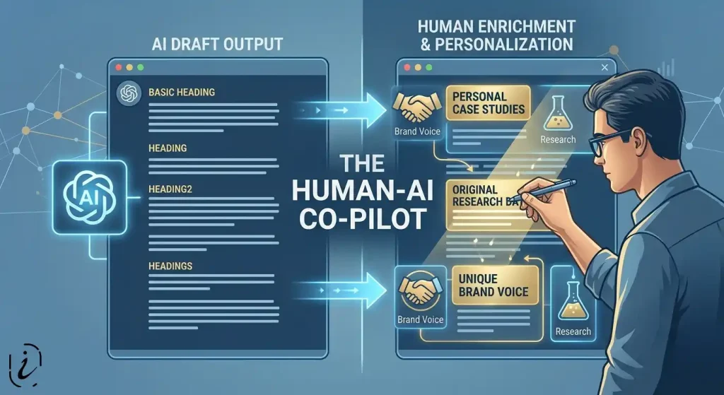 A clean, split-screen or dual-interface illustration presented in a blue and gold digital aesthetic. On the left, 'AI DRAFT OUTPUT' shows structured, plain text generated by a glowing abstract AI icon. On the right, 'HUMAN ENRICHMENT & PERSONALIZATION' is active, where a human editor uses a stylus to overlay holographic elements labeled: 'PERSONAL CASE STUDIES', 'ORIGINAL RESEARCH DATA', and 'UNIQUE BRAND VOICE'. A central title reads 'THE HUMAN-AI CO-PILOT'. The scene emphasizes blending and enhancement.