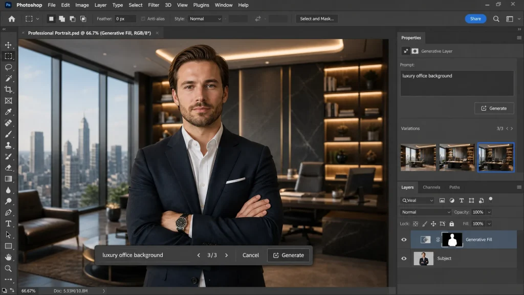 Adobe Photoshop interface showing the Generative Fill feature replacing a background with a luxury office setting.