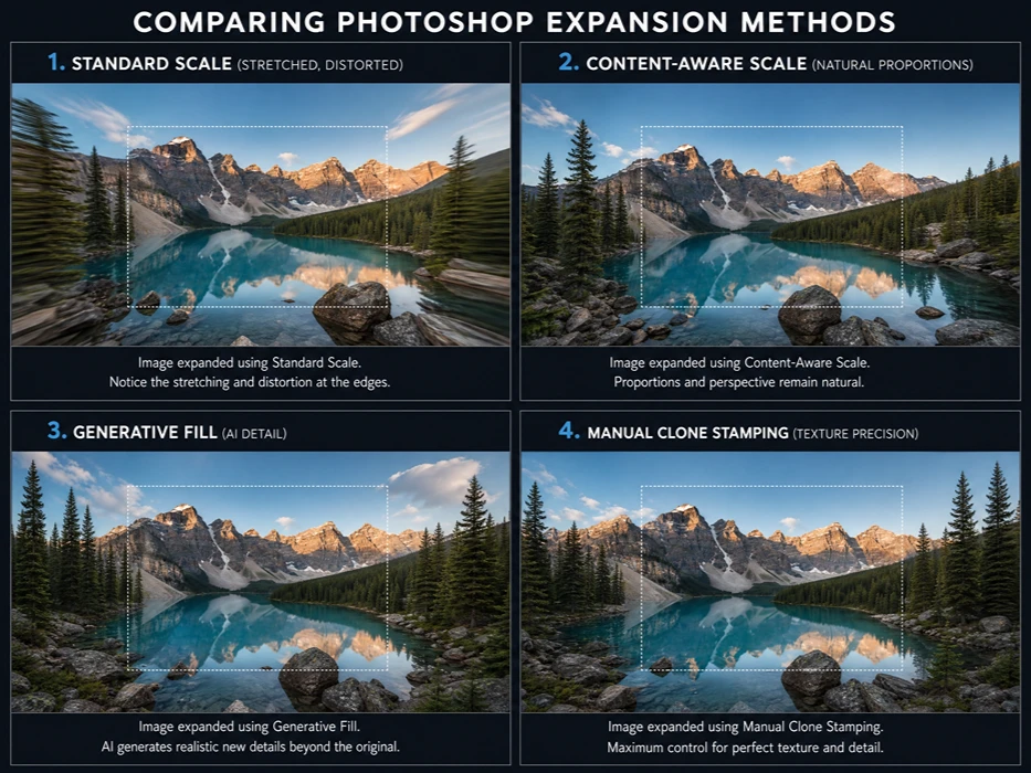 A 2x2 comparison grid of image expansion methods: Standard Scale, Content-Aware Scale, Generative Fill, and Manual Clone Stamping.