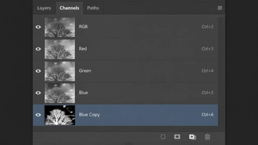 Photoshop Channels panel showing a high-contrast black and white mask used for complex tree background removal.
