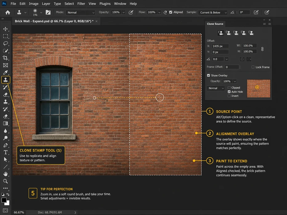 Using the Clone Stamp tool and Clone Source panel in Photoshop to align a complex brick wall pattern during expansion.