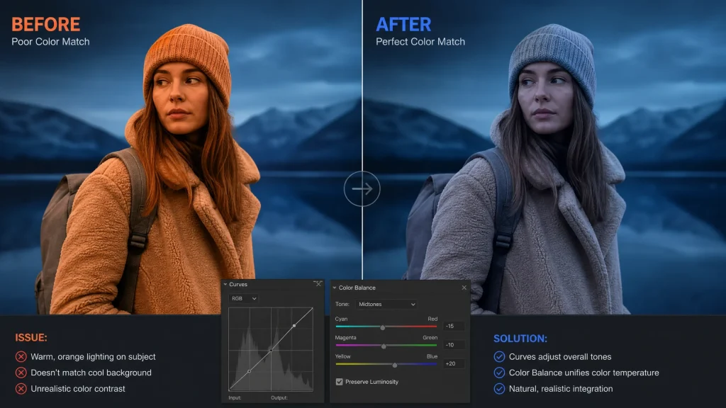 Comparison of poor vs perfect color matching in Photoshop using Curves and Color Balance adjustment layers.