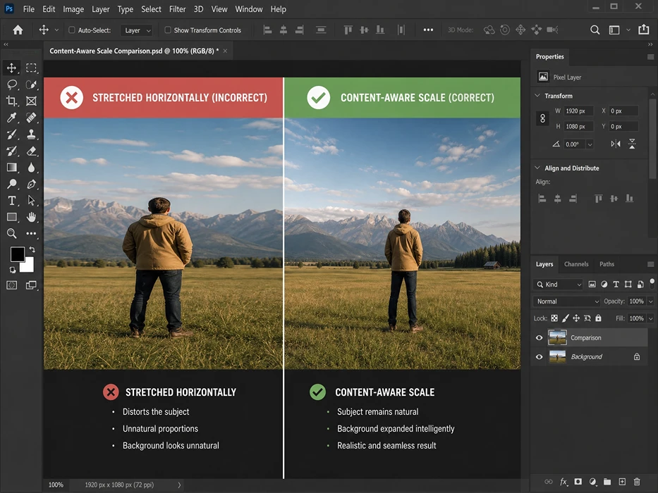 Comparison of an incorrectly stretched photo vs. a correctly expanded background using Photoshop Content-Aware Scale.