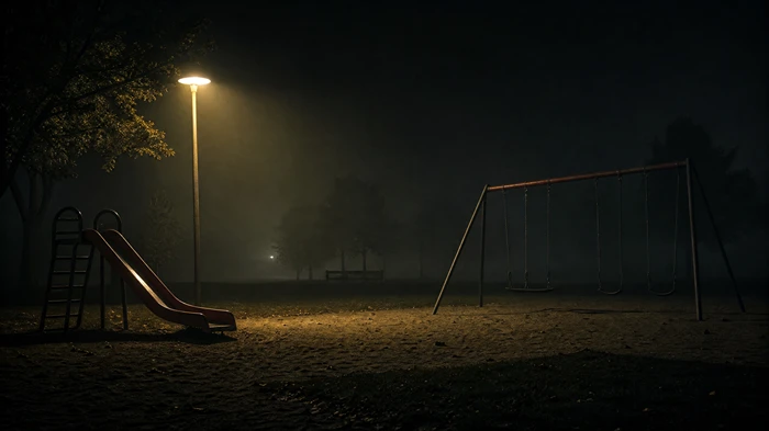 A lonely playground slide and swing set illuminated by a single street lamp in a dark, foggy park at night.
