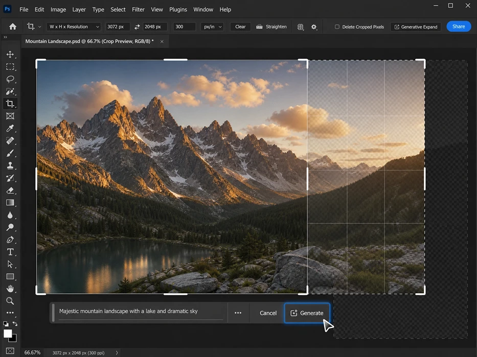 Close-up demonstration of the Photoshop Patch Tool repairing a small artifact in an expanded sky background.