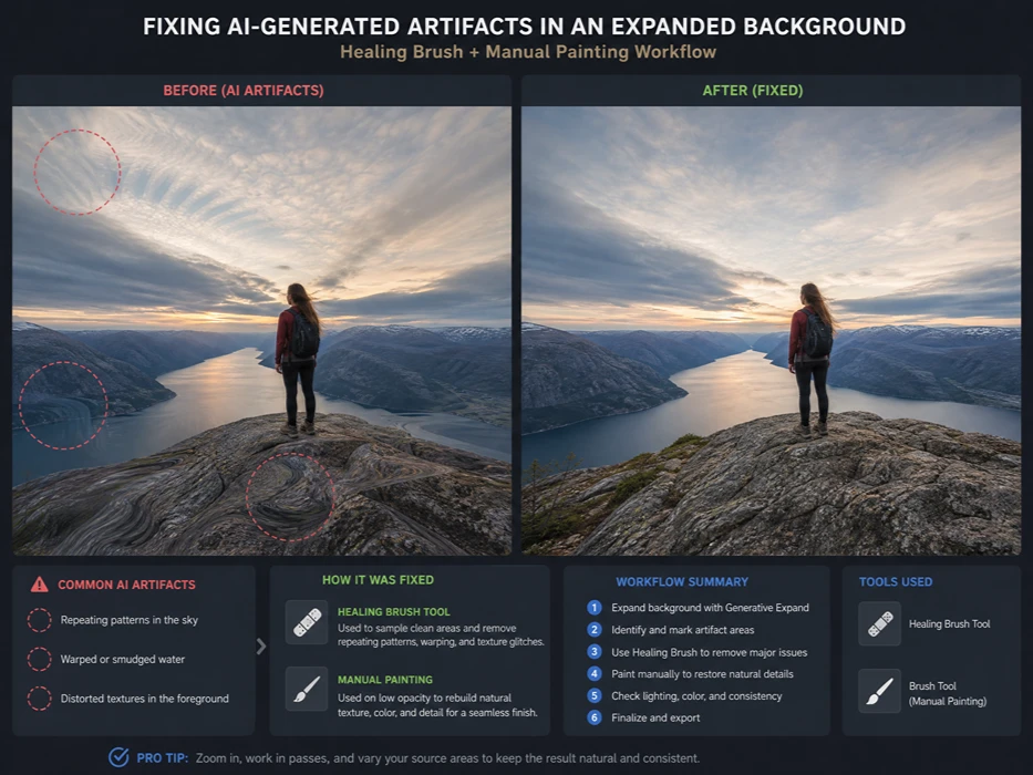 Before and after comparison of fixing AI-generated artifacts in an expanded background using the Healing Brush and manual painting.