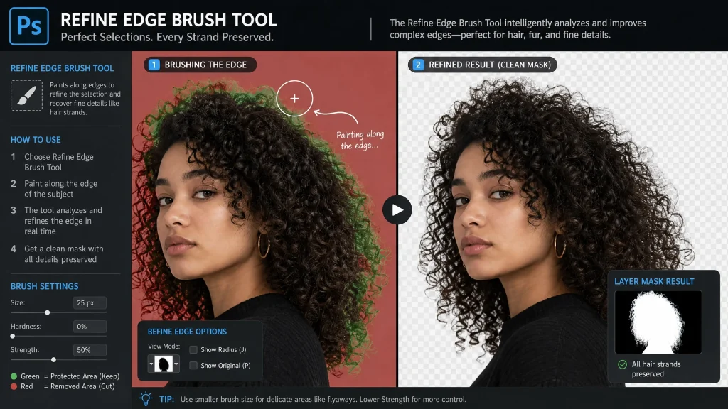 Demonstration of the Refine Edge Brush Tool in Photoshop preserving delicate curly hair strands during isolation.