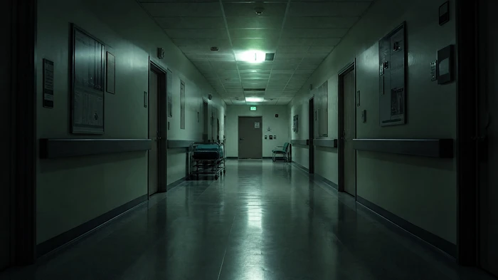 A sterile hospital hallway with cold, flickering greenish fluorescent lighting and harsh shadows, demonstrating technical lighting for liminal spaces.