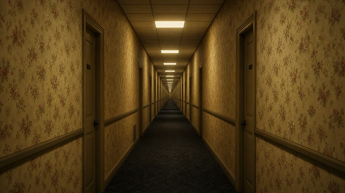 An endless, empty hotel hallway with vintage yellowish floral wallpaper, symmetrical doors, and glowing overhead fluorescent lights.