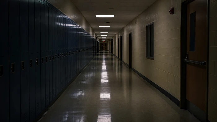 A long, deserted school corridor with blue lockers and harsh fluorescent lights reflecting off a polished, empty floor.