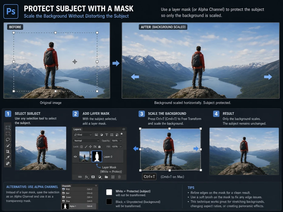 Technical guide showing how to use an Alpha Channel mask to protect a subject from distortion while scaling the background.