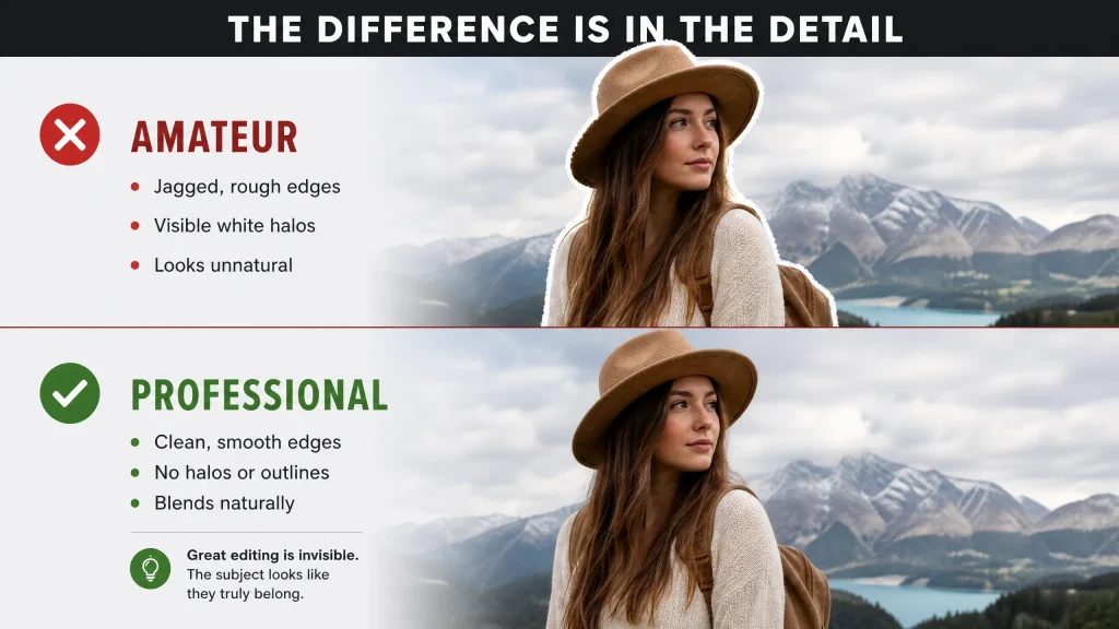 Educational graphic comparing amateur jagged edges with professional clean and smooth background removal results.