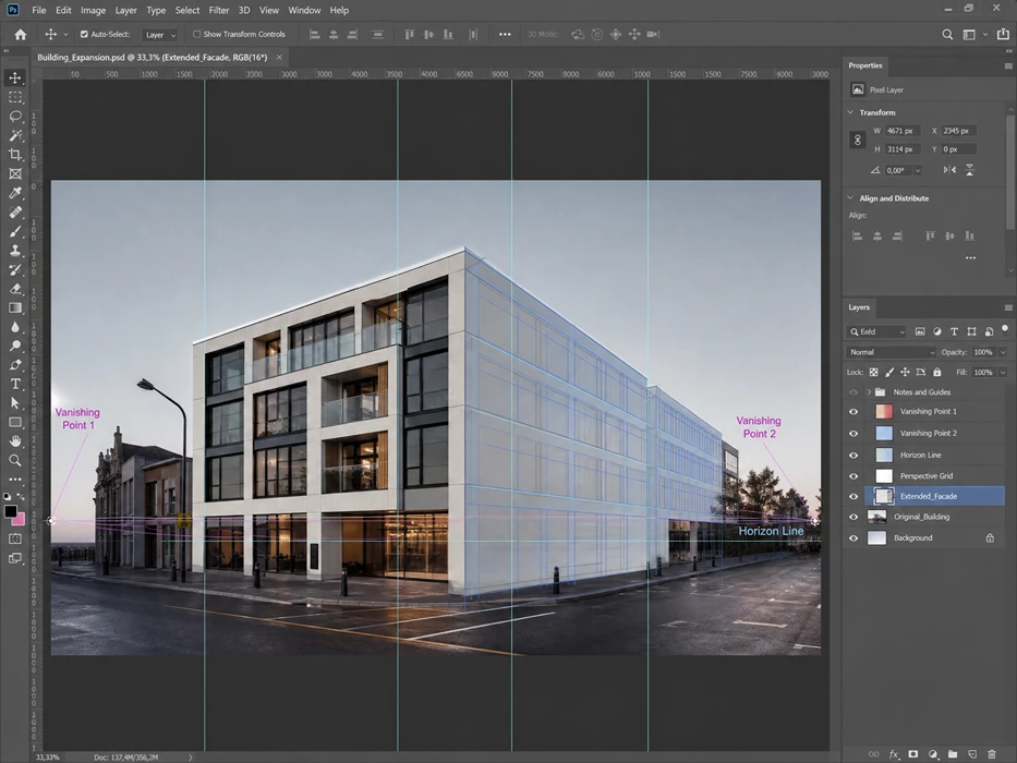 Architectural photo expansion in Photoshop using perspective guides and vanishing points to maintain structural integrity.