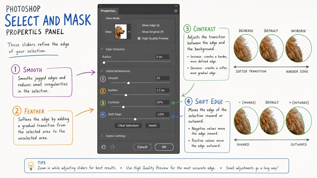 Detailed guide of the Photoshop Select and Mask properties panel with sliders for edge refinement.