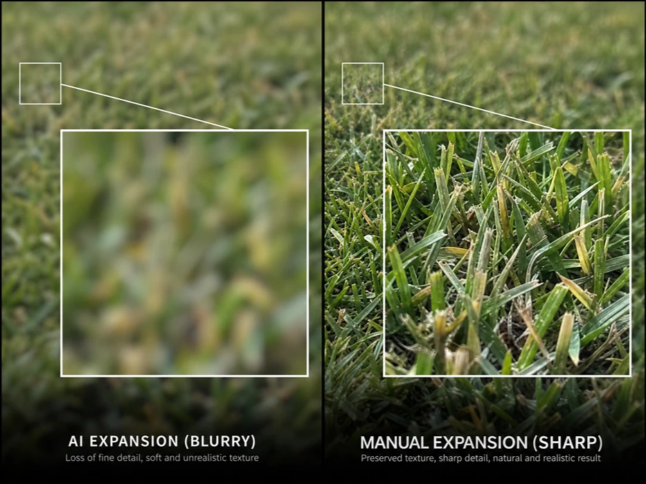 Macro comparison showing the difference between blurry AI texture and sharp, preserved texture during manual image expansion.