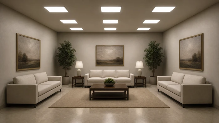 A perfectly symmetrical suburban living room with no windows or doors, featuring bright artificial lighting and an unsettling, dreamlike atmosphere.