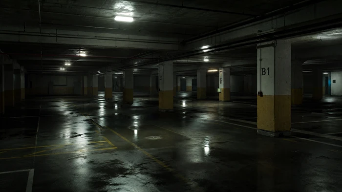 An empty underground parking garage with concrete pillars, harsh artificial lighting, and wet floor reflections.