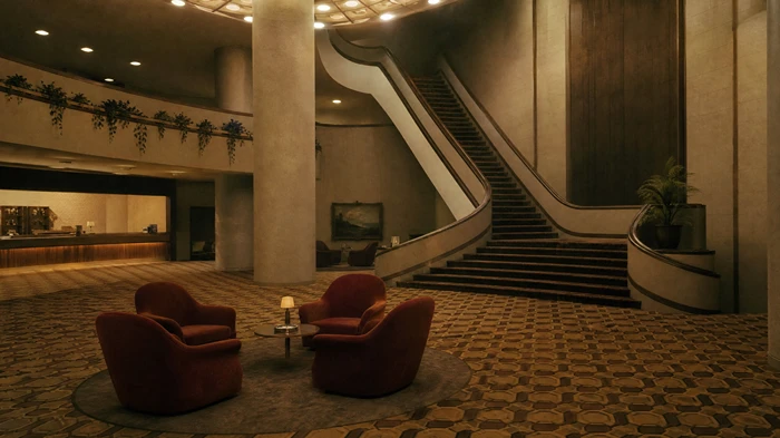 A deserted hotel lobby with 1970s vintage interior design, featuring velvet chairs and a grand staircase leading to an unknown floor.