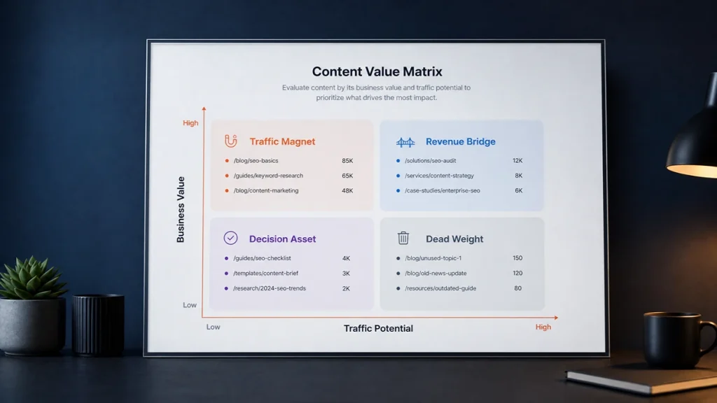 نقشه ارزش محتوای InSiteTeam شامل Traffic Magnet، Revenue Bridge، Decision Asset و Dead Weight بر اساس ترافیک و ارزش تجاری